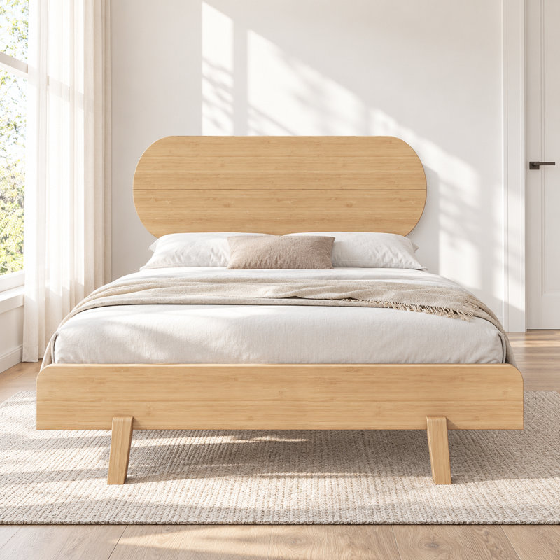 Full Size Bamboo Platform Bed with Round Headboard and Low-Profile Footboard, Sturdy Solid Bamboo Bed Frame with Support Slats and Under-Bed Storage