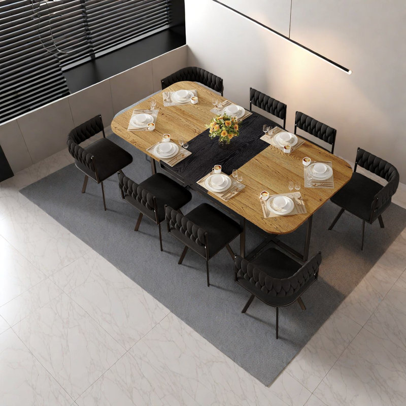 Ensemble de table de salle à manger élégant de 9 pièces avec chaises en velours noir, design moderne à deux tons pour les cuisines familiales