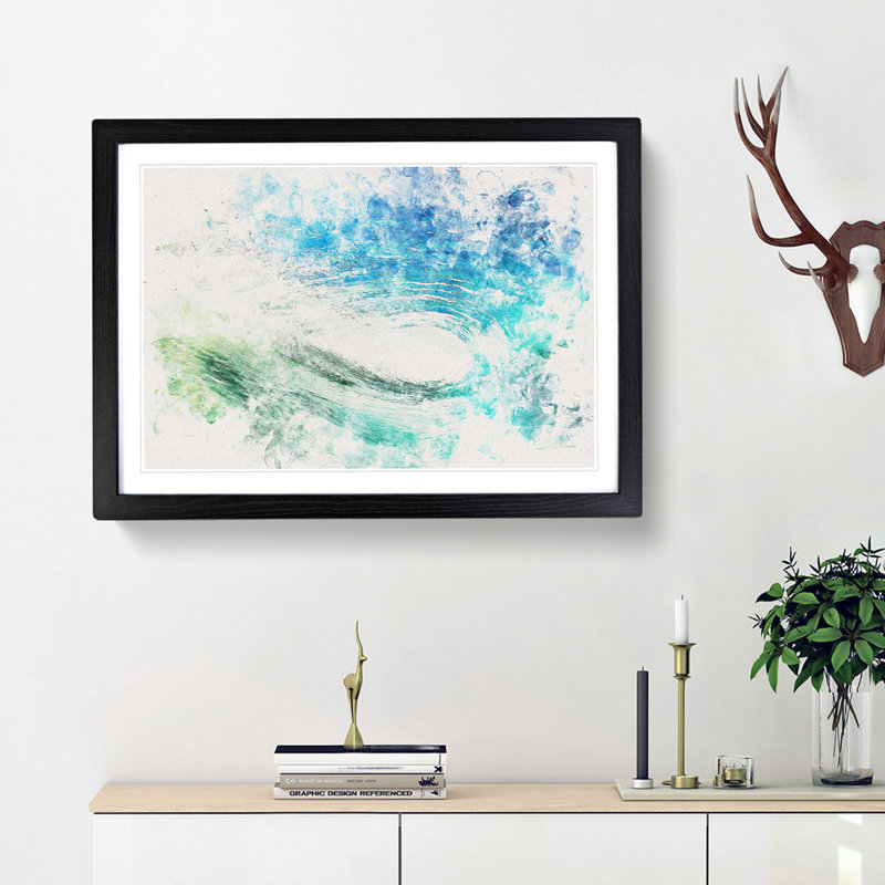 Within The Wave In Blue & Green Watercolour - Picture Frame Graphic Art, 35cm H x 50cm W x 2cm D, Black