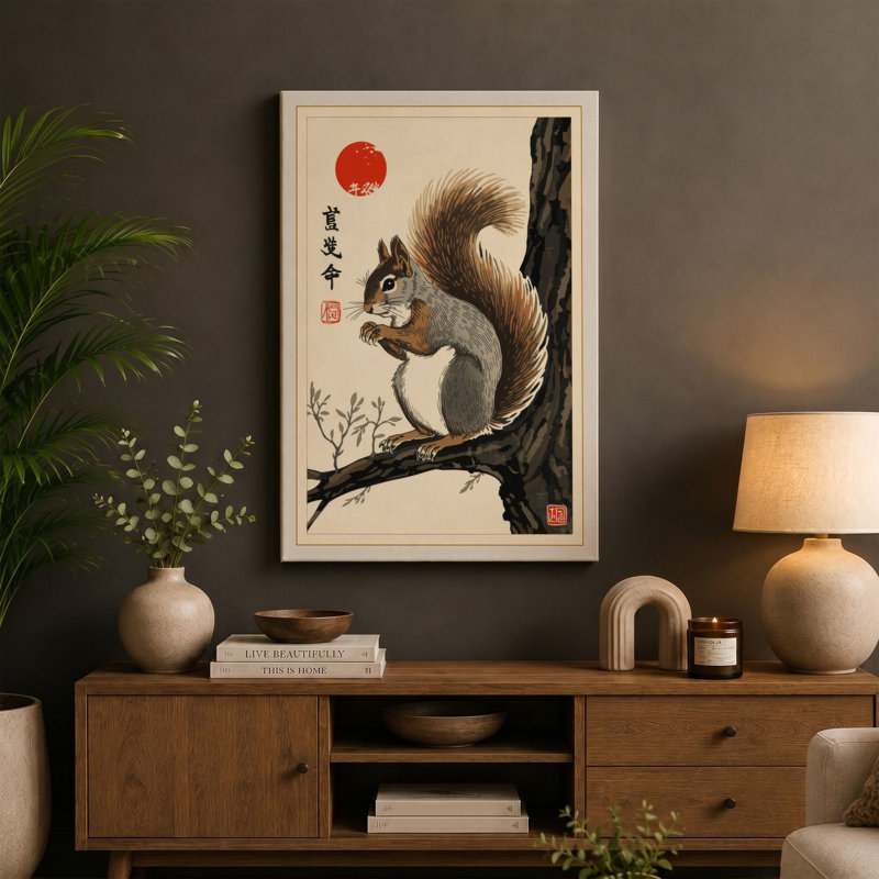 Squirrel in Silence Japandi - Wrapped Canvas, 18x12 - 45.7 x 30.5 cm, Sage Border