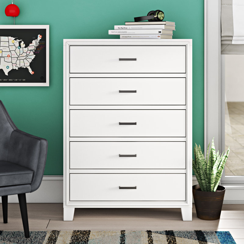 Commode 5 tiroirs Carpino, Blanc