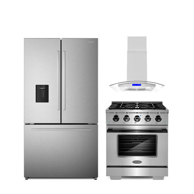 3 Piece Kitchen Package With 30"" Freestanding Gas Range With Custom Handle And Knob Kit 30"" Island Range Hood 36"" French Door Refrigerator -  Cosmo, COS-4PKG-1046