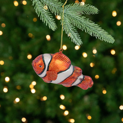 Ornement de Noël en verre scintillant poisson clown - 4,75 po - orange et blanc
