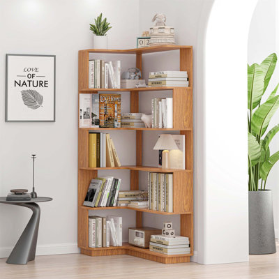 Bibliothèque de coin en L de 90 cm à 5 niveaux avec panneau anti-chute et dispositif de basculement pour bureau à domicile