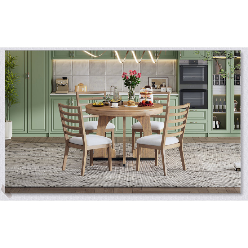 Ensemble de table de salle à manger 5 pièces avec des sculptures élégantes et un design rond, parfait pour les réunions de famille et une utilisation sécuritaire dans toute maison.