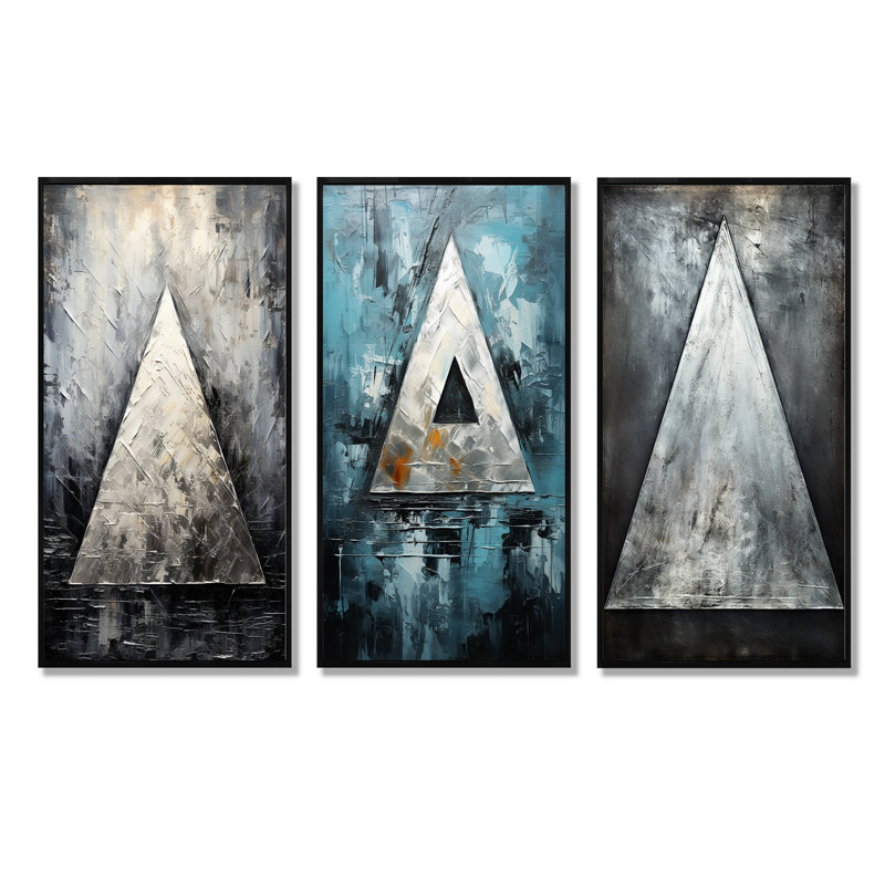 Triangle Trance Shimmering Silver - musique, ensemble de 3 impressions sur toile, Cadre flottant noir, H 28 po x l 36 po