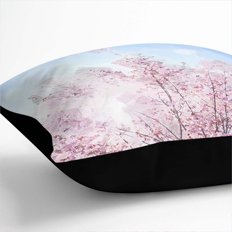 Pink Japanese Cherry Tree in Spring Cushion with Filling, Black, 40cm H x 40cm W x 15cm D