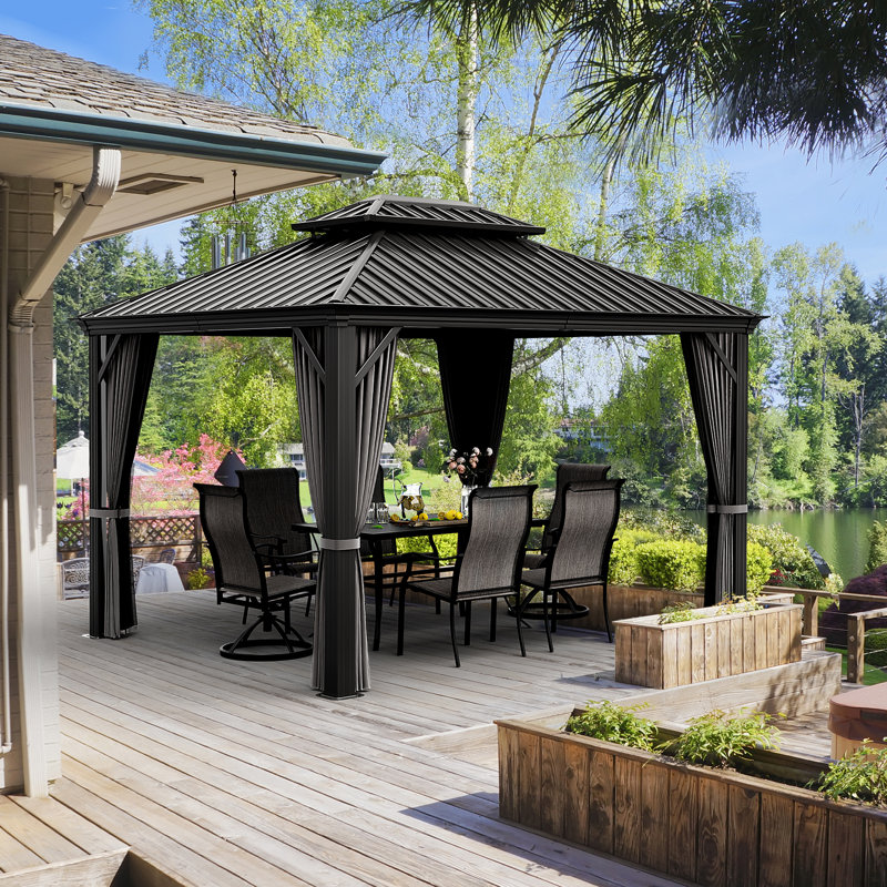 12 Ft. W x 10 Ft. D Double Roof Hardtop Aluminum Patio Gazebo with Netting and Curtains, Black, Black
