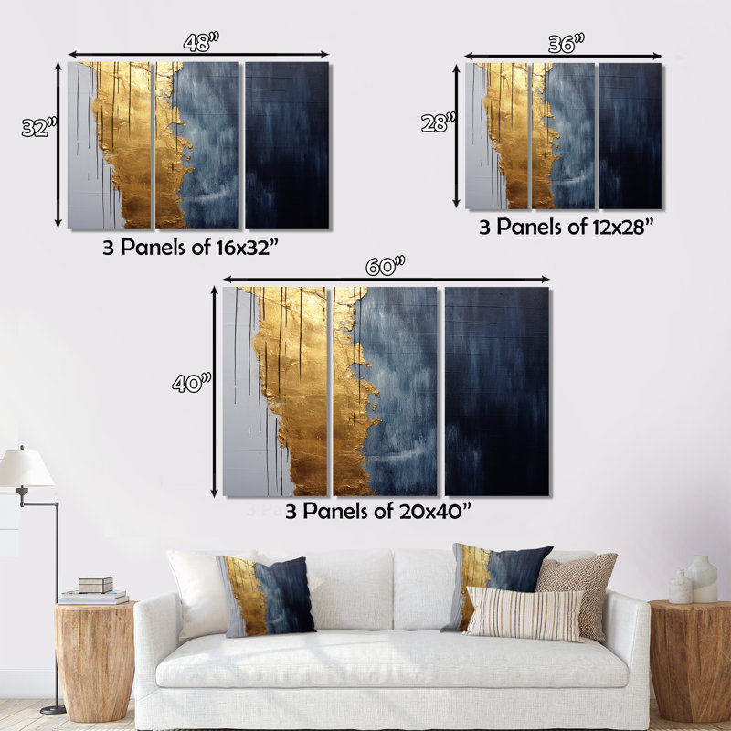 Une touche d'or et de rois bleus III 3 pièces, H 40 po x l 60 po x P 1 po