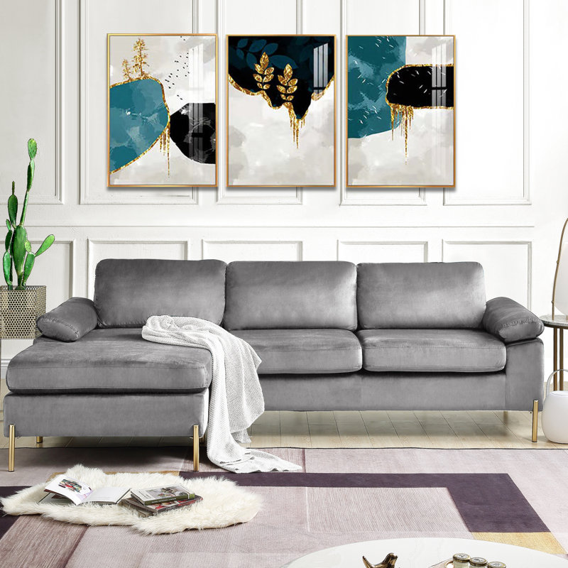 Canapé d'angle, méridienne, velours gris, structure en bois massif, pattes en métal, accoudoirs rembourrés, coussins amovibles, rembourrage en mousse, cadre de vie confortable, rembourrage