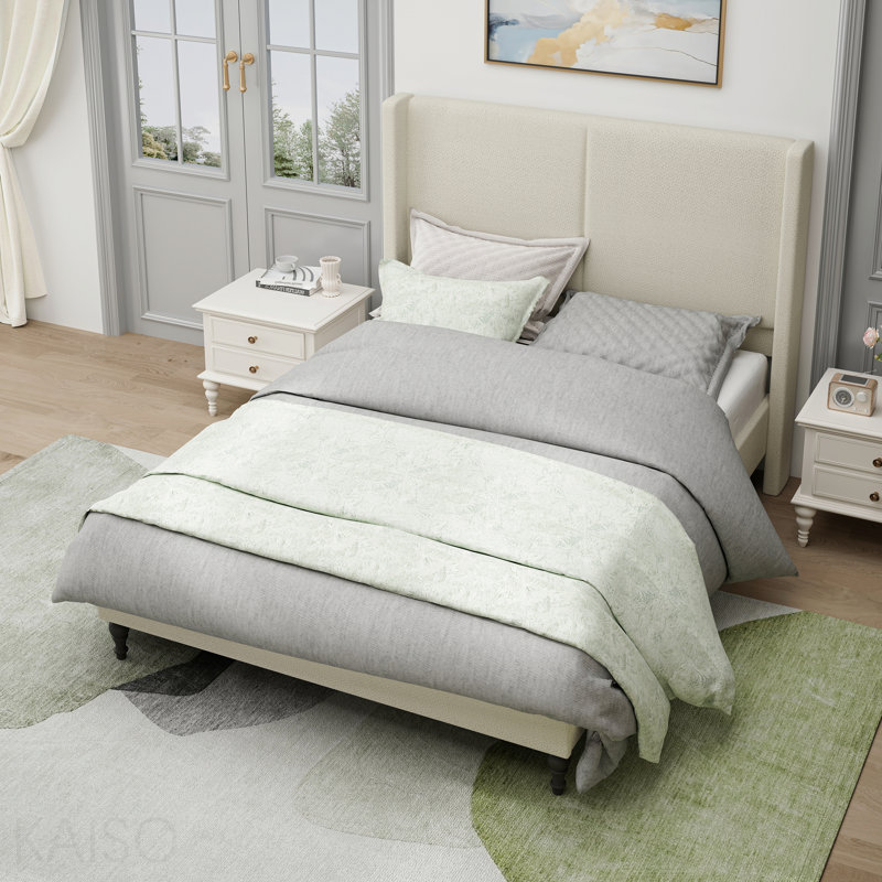 Queen Size Bed Frame With 55.5"High Back Upholstered Headboard, Boucle Fabric,12 Slat Support,Thickened Side Panels,Solid Wood Feet,No Box Spring Needed(Beige)