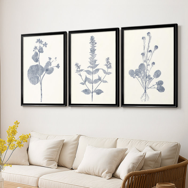 Marine Botanicals VI - Toile tendue avec châssis sur mesure - 3 pièces, H 39 po x l 81 po, Noir