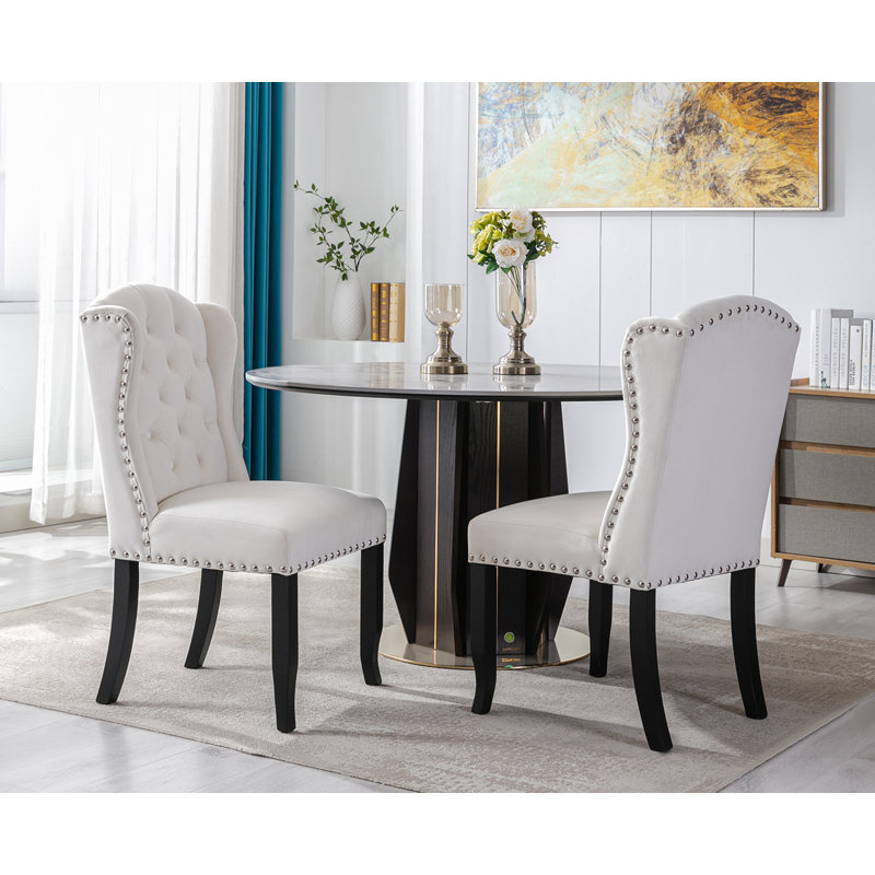 Jolynn Mid Century Tufted Solid Wood Parsons Chair, Upholstered Seat Dining Chair for Living Room, Black, Cream