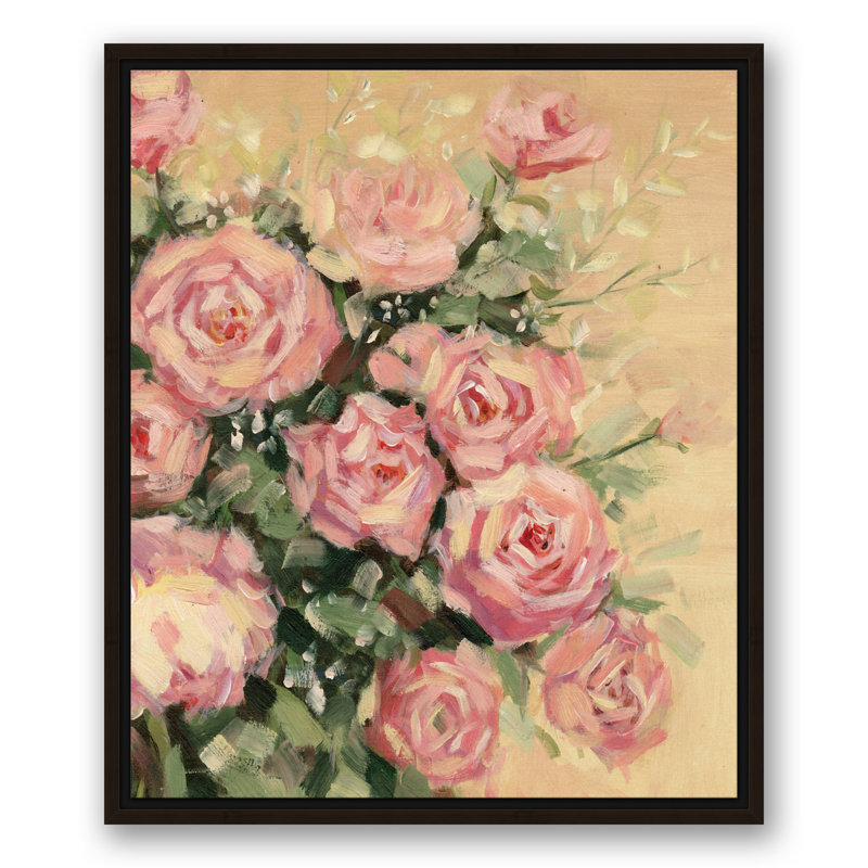 Fleurs roses - peinture, H 25,75 po x l 21,75 po x P 1,75 po, Toile brune avec cadre flottant