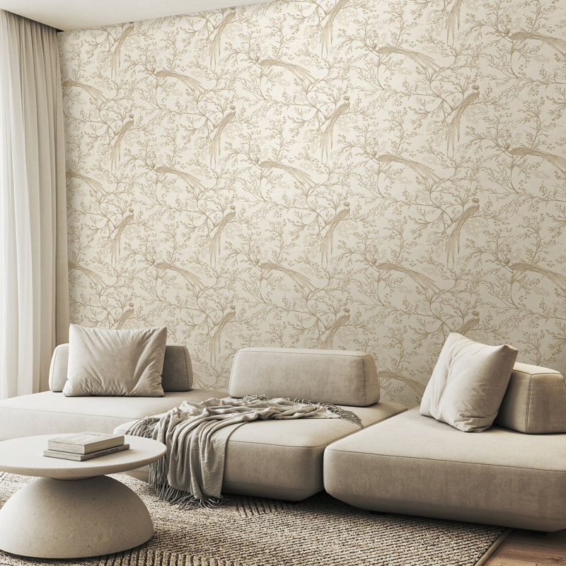 Bird Toile - Dark Denim 10m Wallpaper, Brown Floral