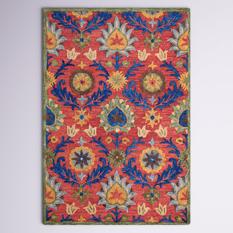 Gulledge Oriental Handmade Tufted Red/Blue/Yellow Area Rug, Rectangle 8' x 10'