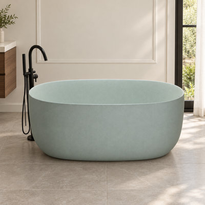 51" Oval Resin Stone Freestanding Soaking Bathtub with Overflow in Turquoise Green