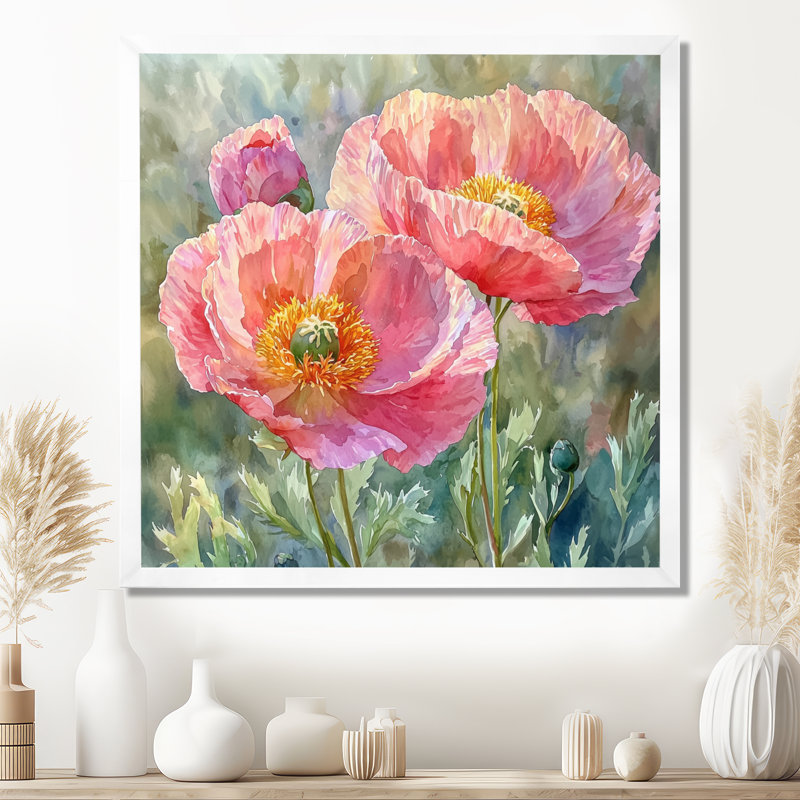 Pivoine d'été dans la brise - coquelicots, art mural, H 16 po x l 16 po, Picture Framed, Blanc