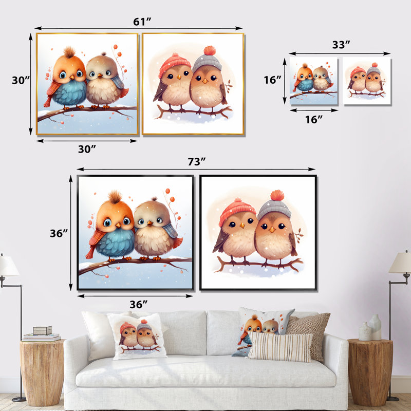 «Winter Winter Bird Lovers For Nursery I», ensemble de 2 reproductions d'art sur toile, Cadre flottant doré