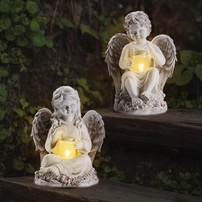 2 Pack Solar Angel Garden Statue - Classic Cherub Figurine With Guardian Wings Outdoor Indoor Porch Lawn Memorial Gift Light Up Decor