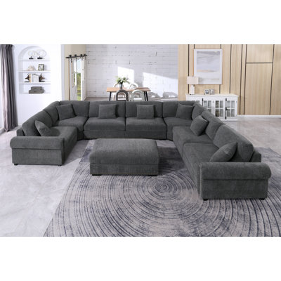 Modular Large 8 Seats Roller Arms Nailheads Cloud Couch Chenille Corner Sectional Sofa