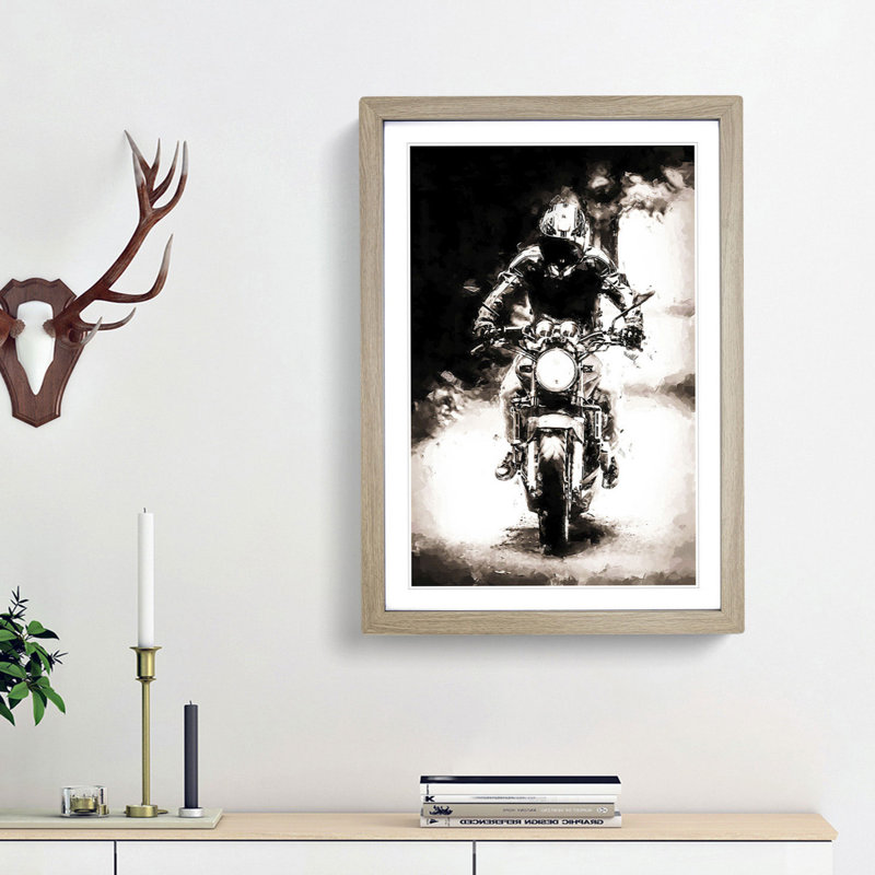 Motorbike Rider in Sepia in Abstract - Picture Frame Painting Print, Oak Framed, 48cm H x 36cm W x 2cm D