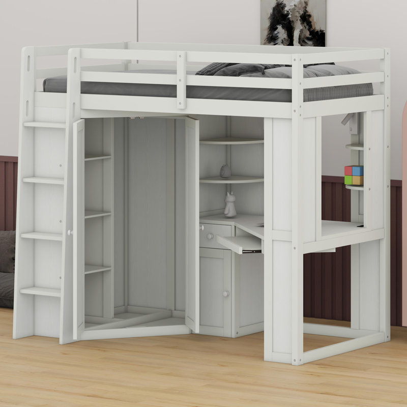 All-in-One High Loft Bed with Integrated Wardrobe, Built-in Desk, Pull-out Keyboard Tray, Charging Hub, and Dual Spotlights