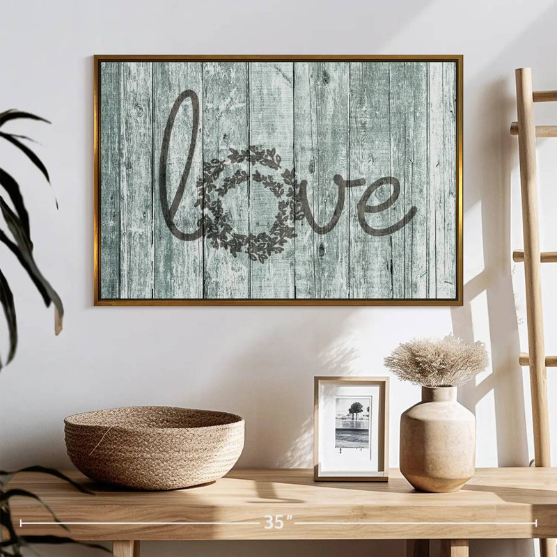 Amour en bois, typographie, 25 po x 17 po, Cadre flottant doré
