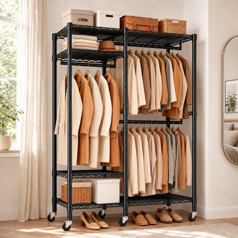 115.5 cm Adjustable Rolling Clothes Rack, Black