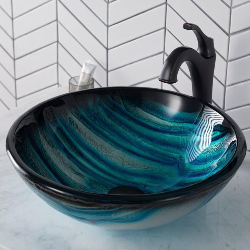 Nature Series Glass Circular Vessel Bathroom Sink with Faucet, Oil Rubbed Bronze
