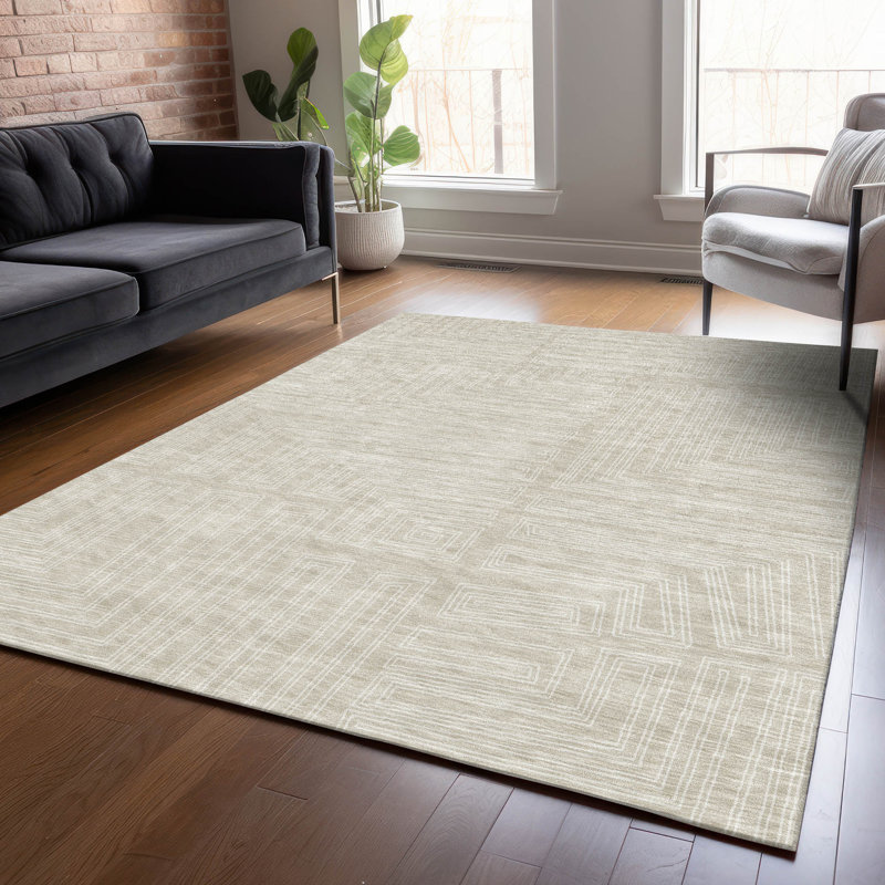 Beige Geometric Synthetic Flat Woven Washable Rug, 2'6" x 3'10"