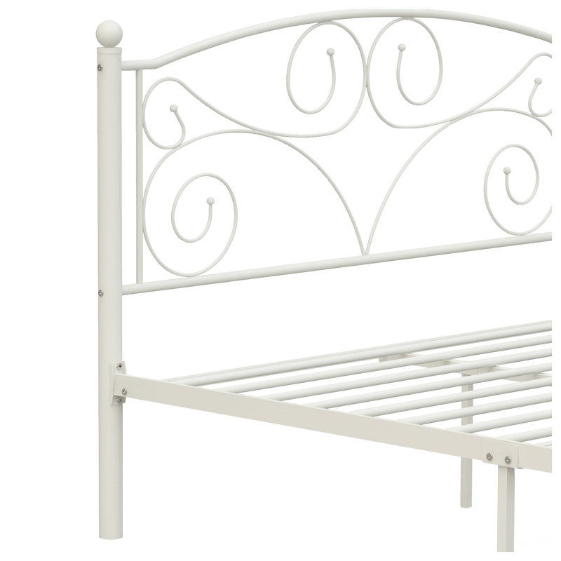 Structure de lit double en métal avec tête et pied de lit à motif floral, lit plateforme en acier blanc, aucun sommier nécessaire