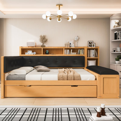 Full Size Wood Daybed with Trundle, Storage Shelves, Bench, USB Charging Station & Upholstered Headboard, White+Cream White Cushion by Latitude Run