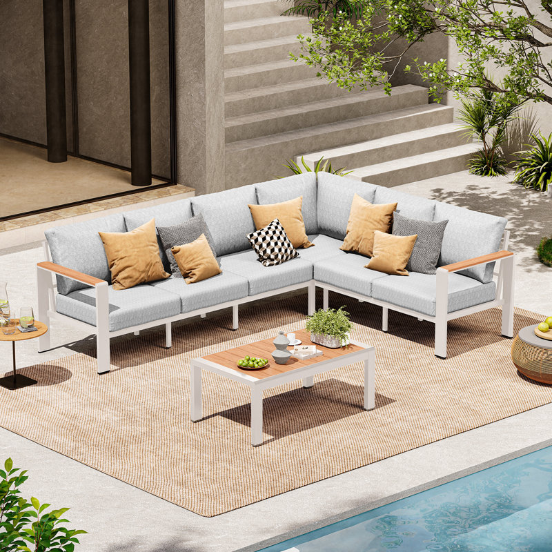 Ensemble de canapé modulaire en forme de L pour 6 personnes avec table basse et coussins, Gray Cushion/Black Frame