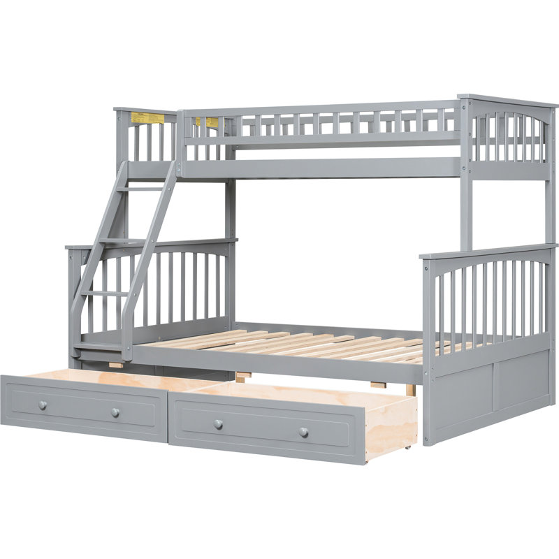 Lit superposé convertible simple au-dessus d'un lit double gris avec tiroirs, pin et construction, conception fiable, garde-corps de type barrière pour la protection, assemblage simple