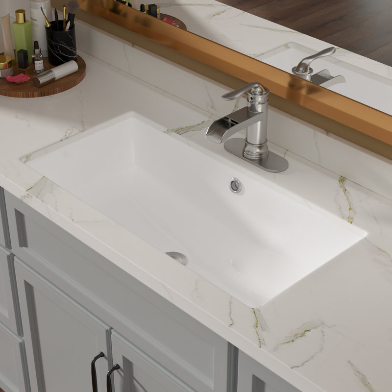 Lavabo de salle de bain encastré en céramique 28 po x 14 po - blanc, teinté, trop-plein, élégant pour la maison, le restaurant, rectangulaire moderne avec trop-plein 28 po x 14 po, teinté, bureau de design élégant,