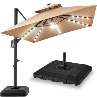 9X12ft 2-Tier Square Outdoor Solar LED Cantilever Umbrella W/ 360-Rotating Base - Tan
