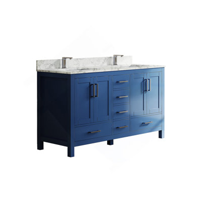 Meuble-lavabo de 59 po de qualité supérieure avec deux lavabos, trous de robinet et beaucoup de rangement en bleu