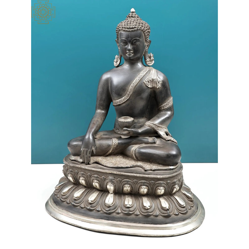 Statue de Bouddha en laiton de 20 po en Bhumisparsha Mudra - sculpture de méditation fabriquée à la main en argent noir pour l'autel et le décor spirituel