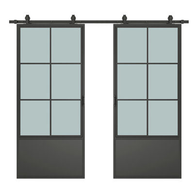 Glass and Metal Double Sliding Barn Door with Installation Hardware Kit -  Calhome, GSB-002-Frost-42INCH(2)+CNNT-MK