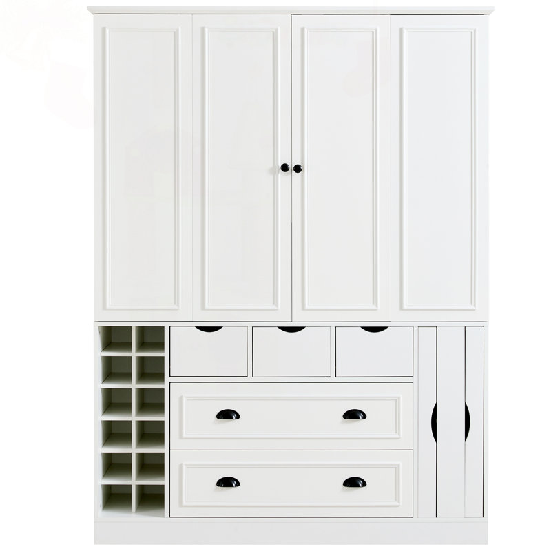 Grand garde-manger avec portes pliables, prise de courant et supports à vin, Blanc