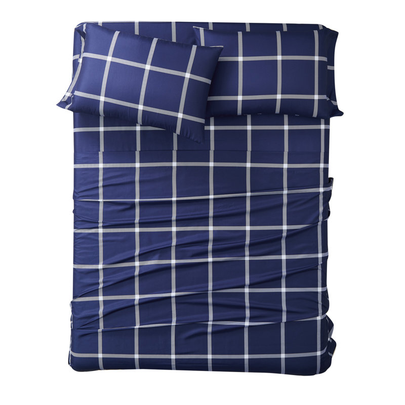 Truly Soft Printed Windowpane Microfiber Standard Plaid Sheet Set, White/Navy, King