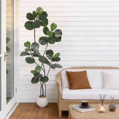 Artificial Fiddle Leaf Fig Tree - 6FT Tall Faux Ficus Lyrata with Adjustable Bendable Boughs, Modern White Planter, Realistic Indoor Greenery for Home, Office, Living Room, Low Maintenance, 6FT