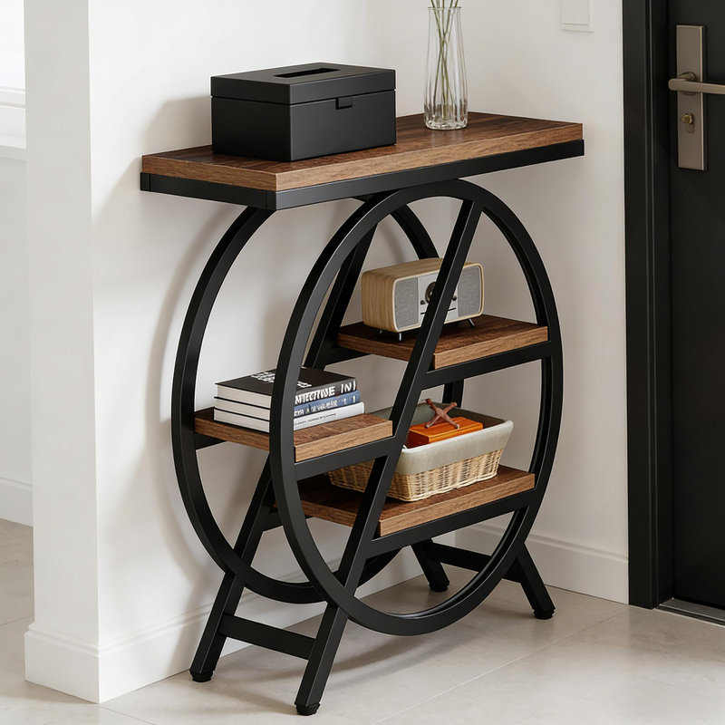 Table de bout compacte industrielle avec rangement à 4 niveaux, parfaite pour les petits espaces et les décors modernes.