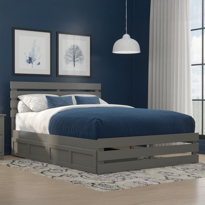 Lit plateforme avec rangement en bois massif Bridport, Gris, Grand