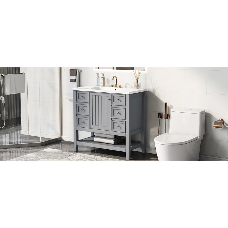 Meuble-lavabo de 36 po avec lavabo en céramique élégant, une armoire, trois tiroirs, meuble-lavabo en bois d'hévéa massif et peint en gris, style autoportant, installation encastrée, tablette centrale réglable