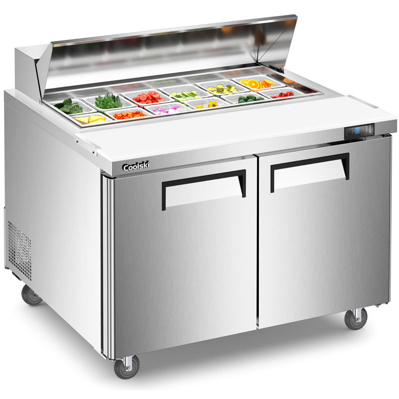 Coolski 48’’ W Commercial Salad Bar Refrigerator with 2 Doors, Refrigerated Salad Food Prep Table for Restaurants Cafeterias Sub Shops, 12 Food Pans Stainless Steel ETL NSF Approved