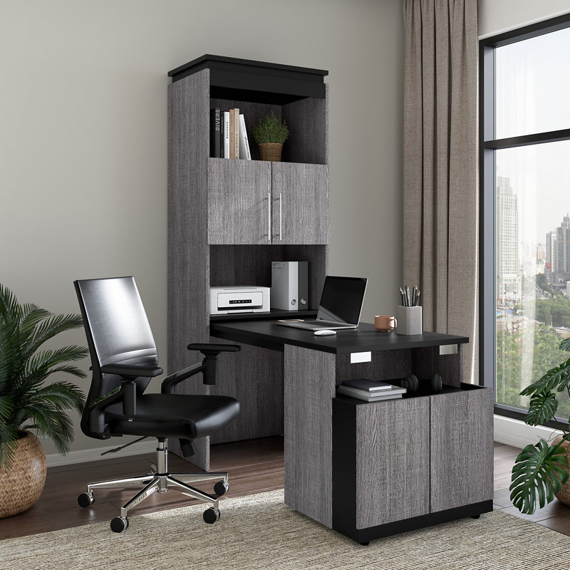 Ailed 30W Shelving Unit With Fold-Out Desk, Bark Gray/Graphite