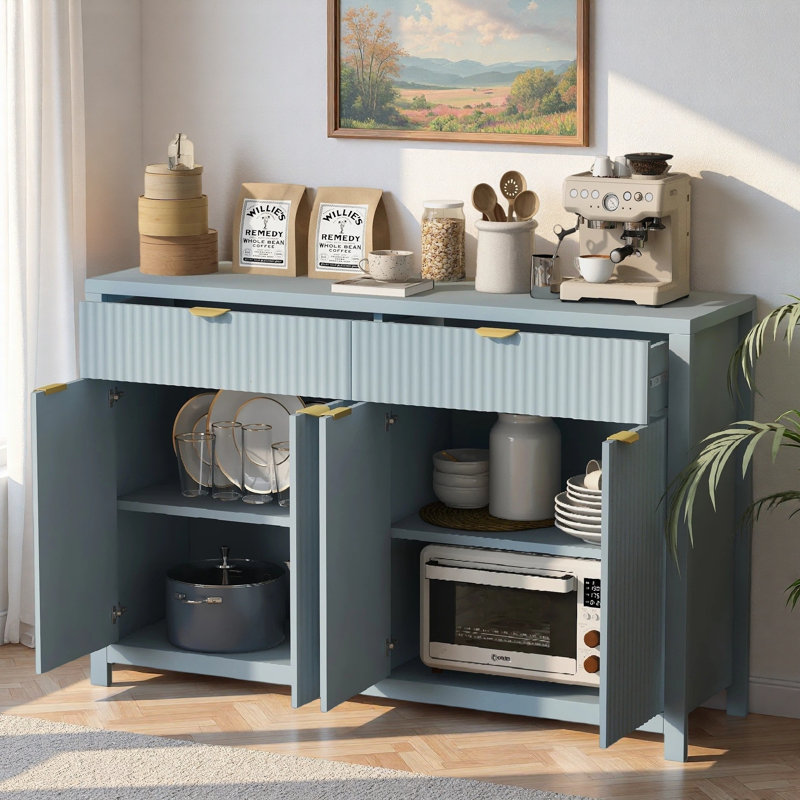 Buffet avec tablettes réglables, 2 tiroirs et 4 portes, Cyan