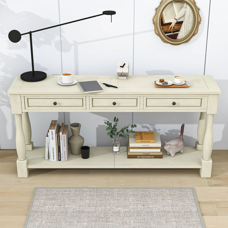 Console en bois Deryck avec tiroirs de rangement et tablettes pour le salon, Blanc antique